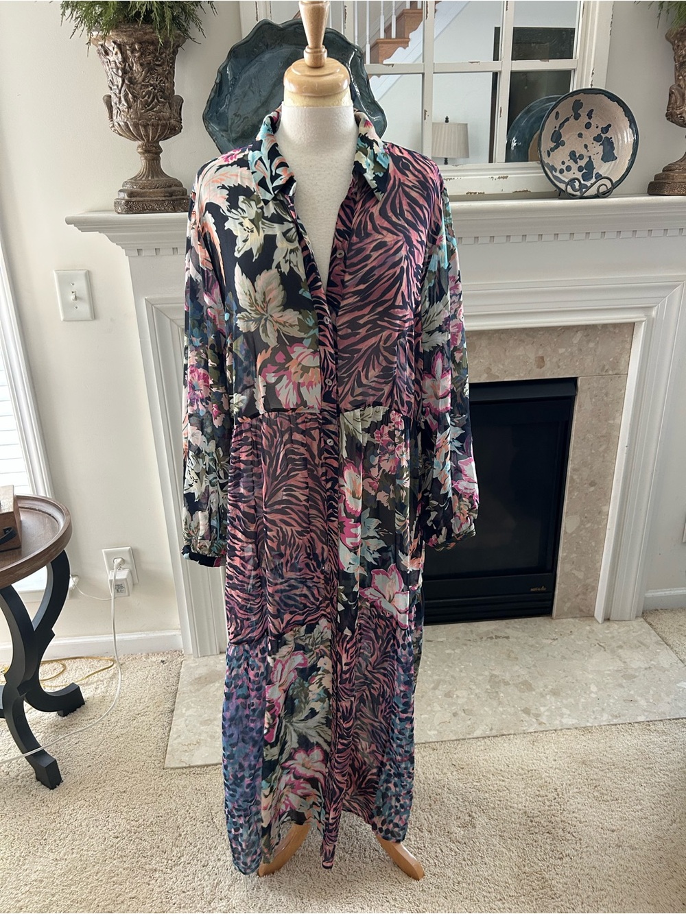 Soft Surroundings Multicolor Floral & Zebra Print Button-Front Maxi Dress